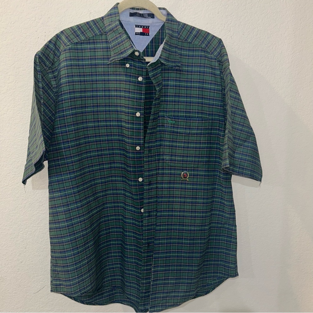 Tommy Hilfiger Men's Blue and Green Checkered Shirt